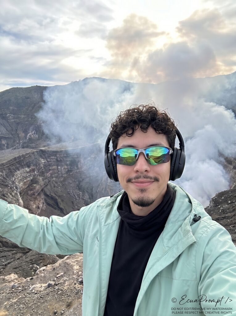 Selfie en volcán generada con IA Ecuaprompt mostrando un hombre con gafas de sol iridiscentes y auriculares.
