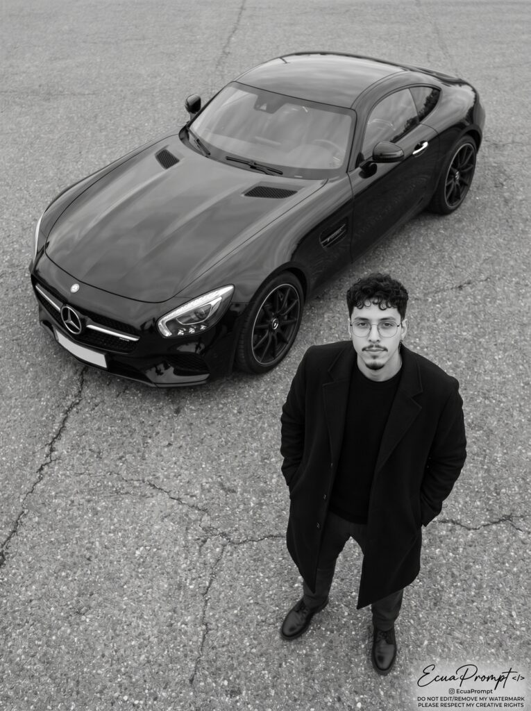 Retrato hiperrealista desde ángulo alto de un hombre elegante junto a un auto deportivo negro, generado con IA por Ecuaprompt.