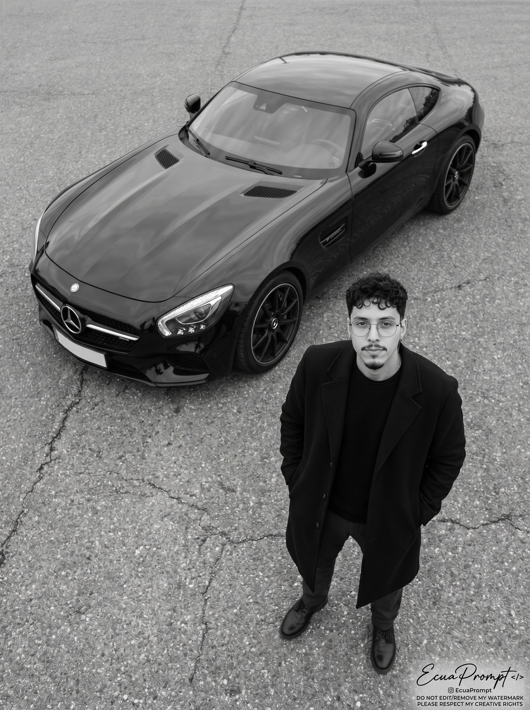 Cómo Crear un Prompt Retrato con Auto Deportivo “Mercedes Benz” en Blanco y Negro