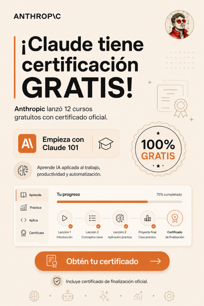 Infografía informativa sobre los cursos gratuitos y la certificación oficial de IA ofrecida por Anthropic y Claude AI.