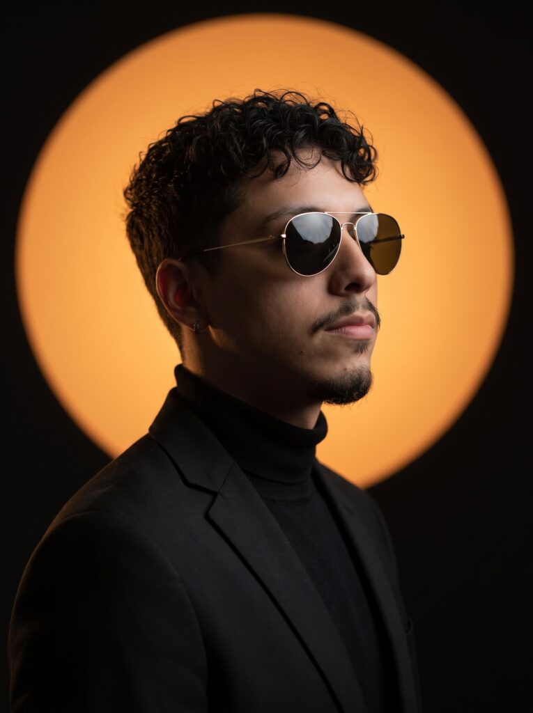 Retrato cinematográfico de un hombre con gafas de sol y traje negro frente a un halo de luz naranja, generado con IA por Ecuaprompt.